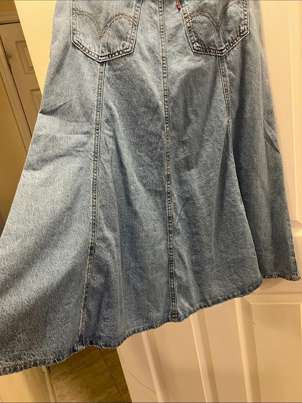 Light Blue Denim Maxi Skirt - Flared Panel Design